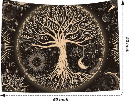 Tree of Life Tapestry Gloden Sun and Moon Wall Hanging Tapestry